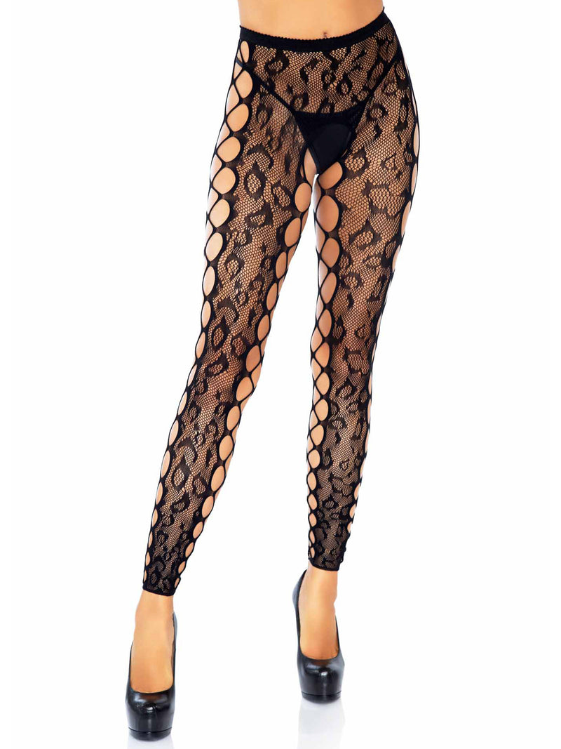 Leopard Lace Footless Crotchless Tights with Net Side Panel