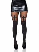 Spandex Opaque Cross Tights with Sheer Thigh Accent