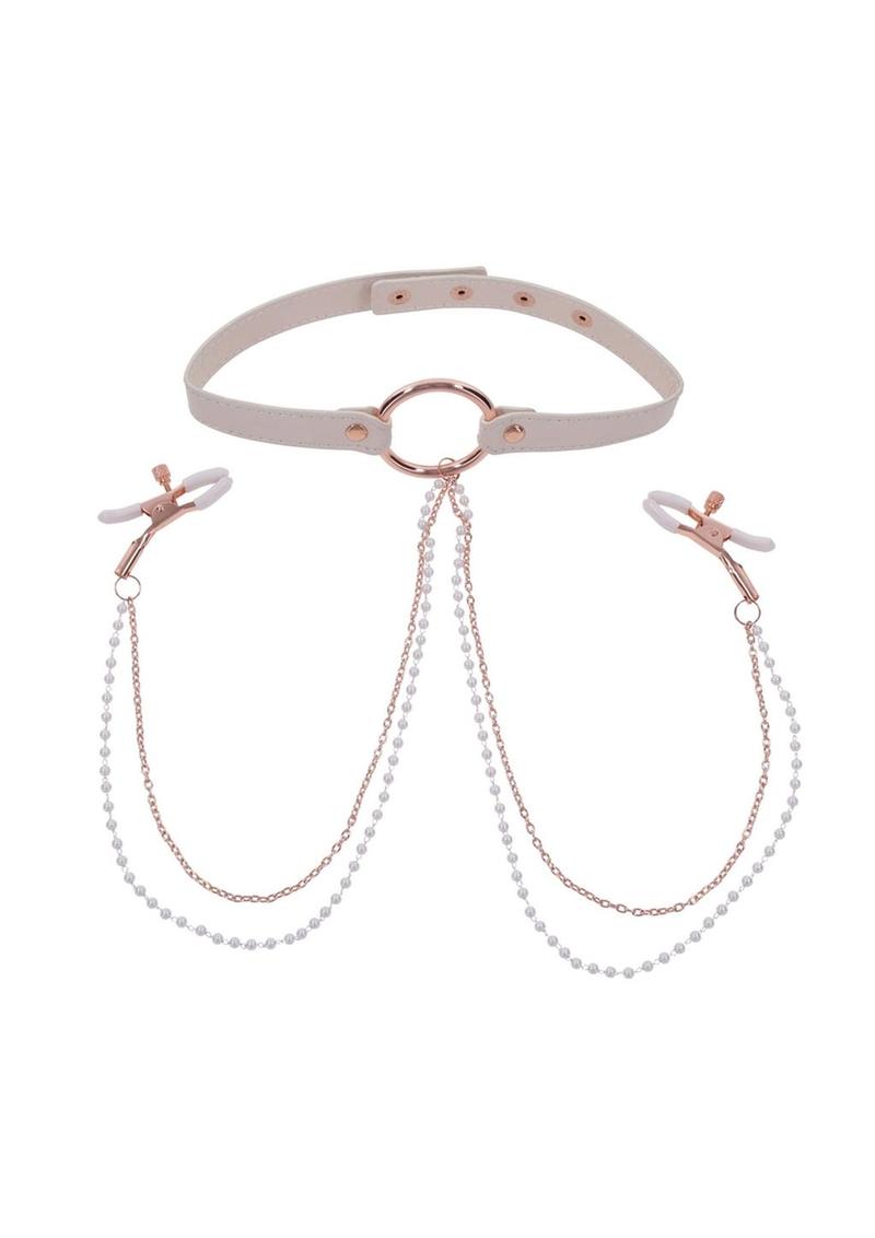 Sex & Miscielf Peaches 'n CreaMe Collar with Nipple Clamps - Ivory/Rose Gold