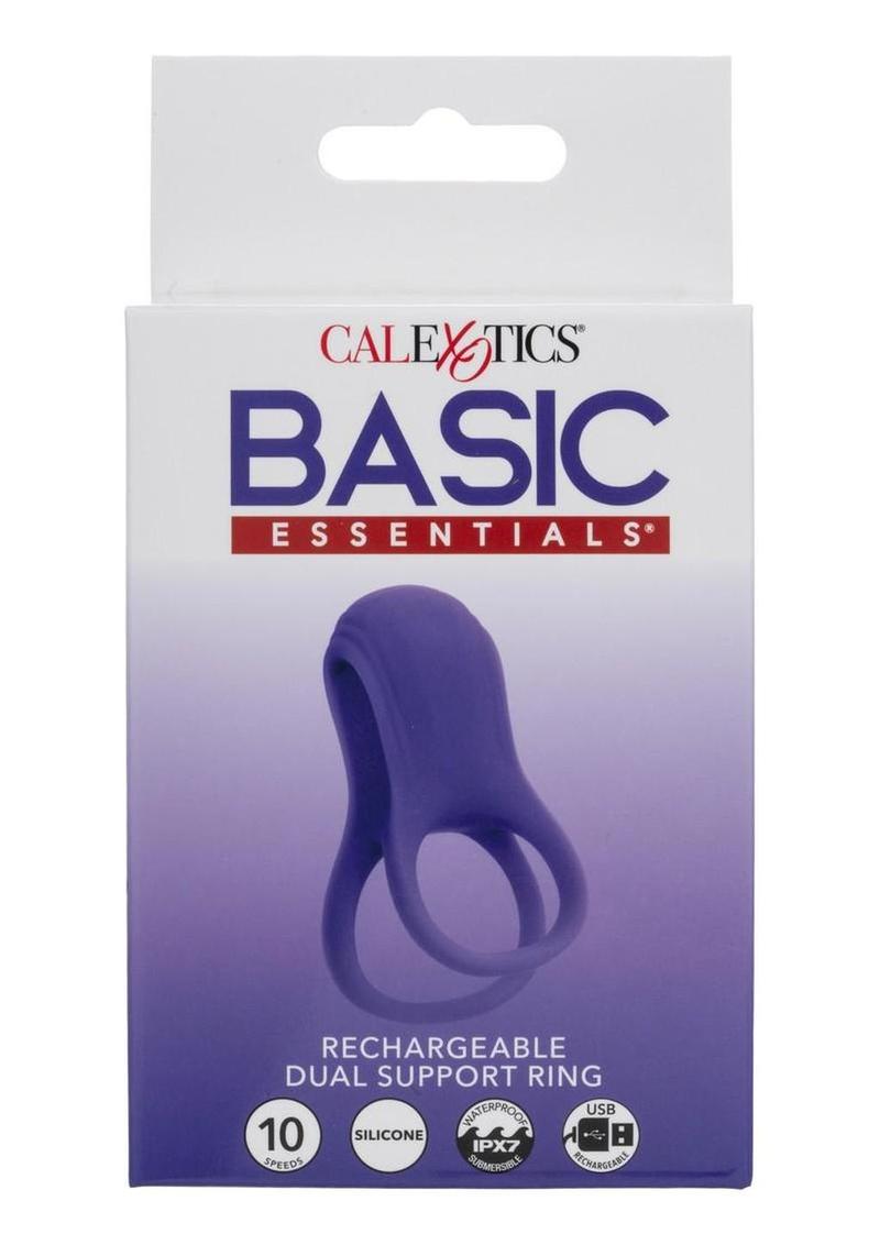 Basic Essentials Rechargeable Dual Support Silicone Cock Ring - Purple