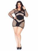 Plus Size Diamond Net Long Sleeved Mini Dress with Opaque Panel Accents