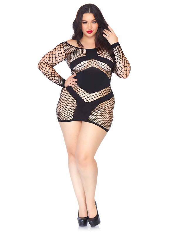 Plus Size Diamond Net Long Sleeved Mini Dress with Opaque Panel Accents