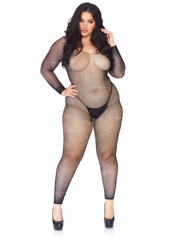 Plus Size Rhinestone Seamless Fishnet Long Sleeved Lingerie Jumpsuit