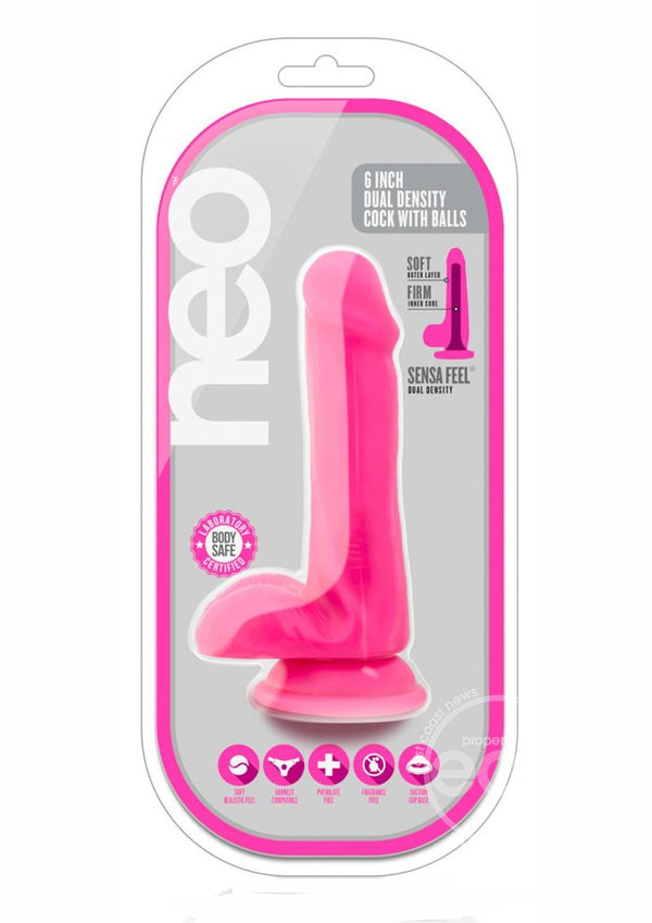 Neo Dual Density Dildo with Balls 6in - Neon Pink