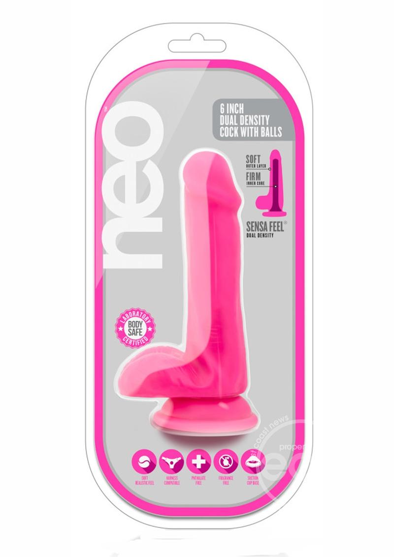 Neo Dual Density Dildo with Balls 6in - Neon Pink
