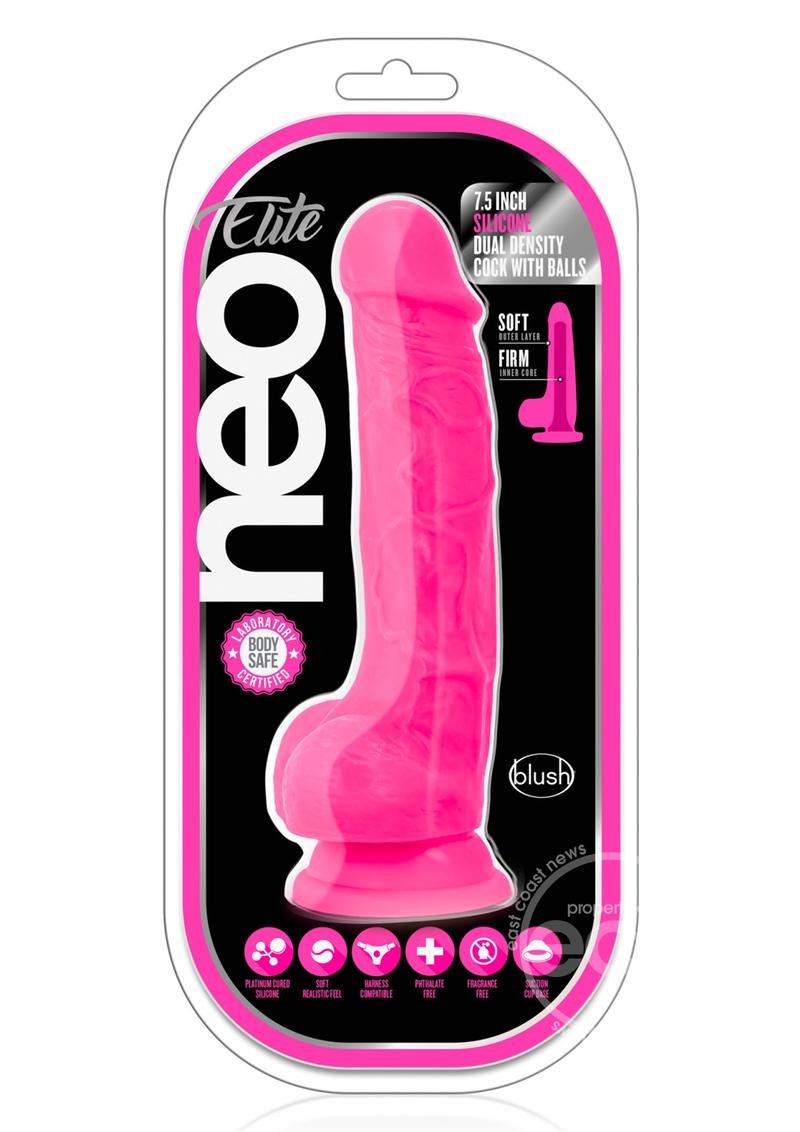 Neo Elite Silicone Dual Density Dildo with Balls 7.5in - Neon Pink