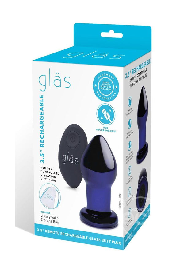 Glas Rechargeable Remote Controlled Vibrating Glass Butt Plug 3.5in - Blue