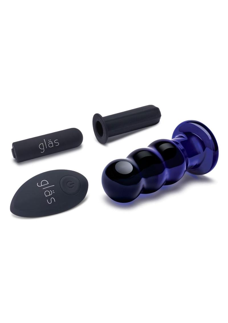 Glas Rechargeable Remote Controlled Vibrating Glass Beaded Buttplug 3.5in - Blue