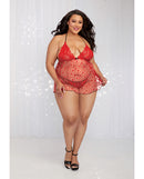 Valentines Flocked Heart Mesh Babydoll & G-String Rouge QN